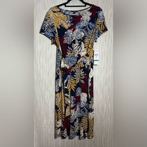 R&K Leaf Pattern Midi Dress in Navy, Red, and Gold